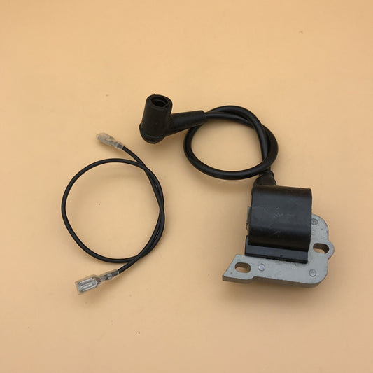 Ignition coil magneto module with black cables, terminal ends, and metal base
