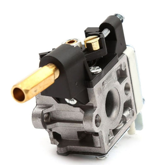 Carburetor with primer bulb, side view of gray housing and brass inlet tube