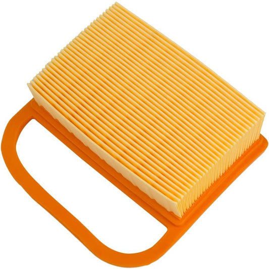 Air filter cleaner cartridge with orange handle frame and pleated filter paper panel