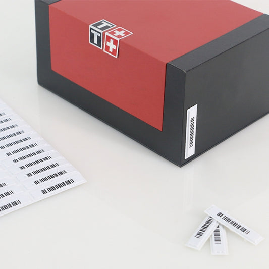 White barcode DR security labels with black stripes, shown with multiple pieces