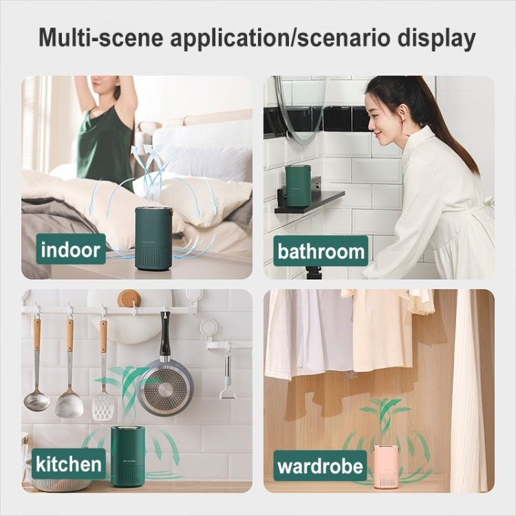 Green portable air purifier shown in multiple rooms with top display and handle