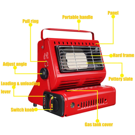 Red portable gas heater with front grille, adjustable angle lever, and control knob