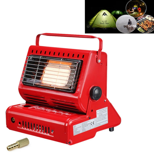 Red portable outdoor gas heater with front grille and glowing heating element