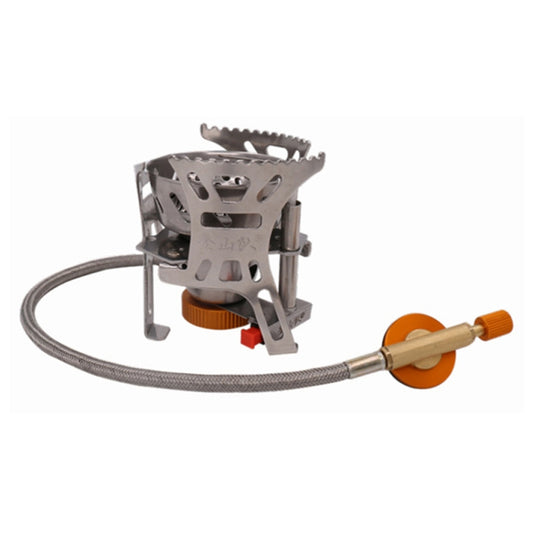 Portable outdoor stove with folding metal legs, burner cup, and orange-capped hose