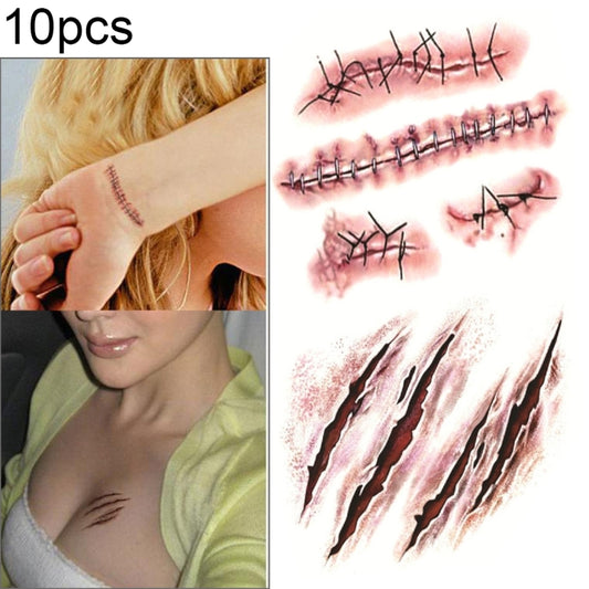 Temporary wound scar tattoo stickers, red stitches and scratches on skin