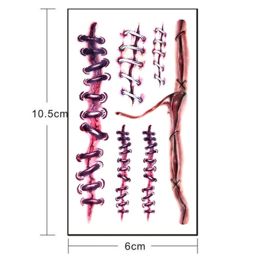 Rectangular temporary tattoo sticker sheet with multiple wound and scar designs, 6 x 10.5 cm