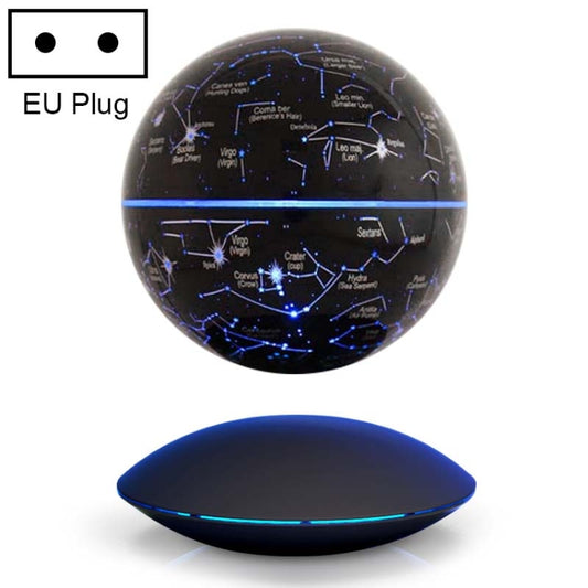 Magnetic levitation illuminating globe with starry blue world map and black saucer base