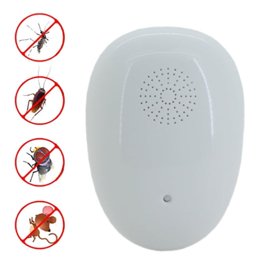 White ultrasonic pest repeller with circular speaker grille and indicator light on front