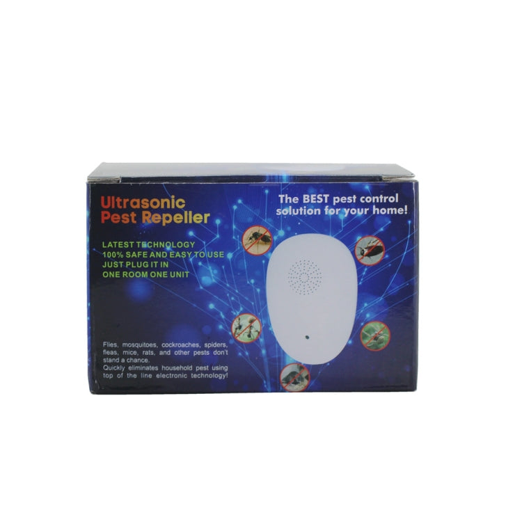 Ultrasonic pest repeller retail box with blue graphic and product illustration