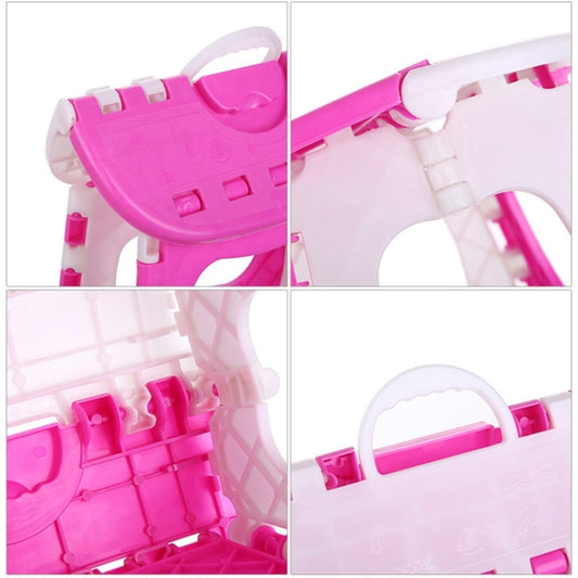 Pink and white plastic folding stool with interlocking hinge details, close-up view