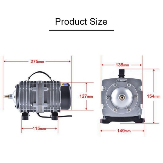 Compact air pump compressor shown front and side with four black mounting feet