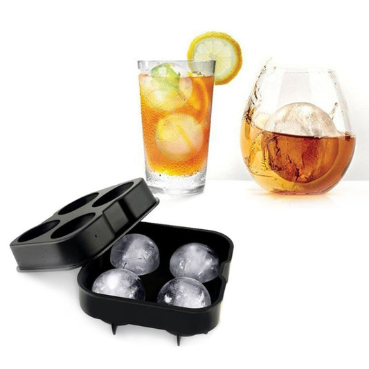 Black silicone ice cube mold with four ball cavities, hinged lid open