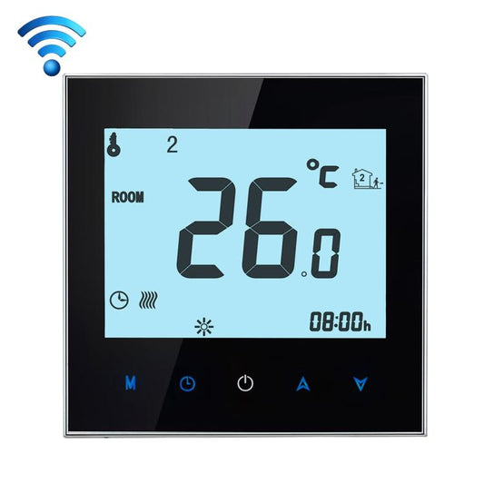 Black touch LCD WiFi room thermostat with blue display showing 26.0°C and 08:00.