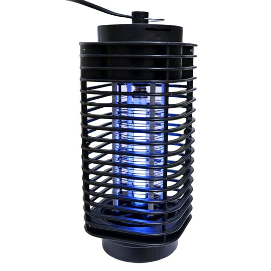 Black bug zapper lamp with blue UV light visible through front wire cage