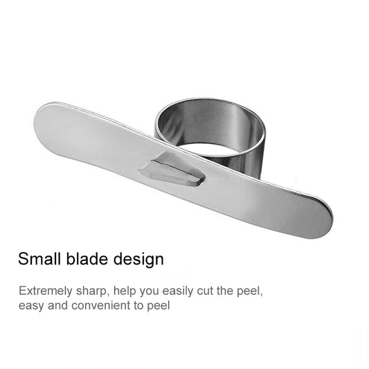 Stainless steel finger peeler with small blade notch and circular ring holder