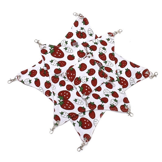 Star-shaped pet hammock in white with red strawberry and green leaf pattern, metal rings