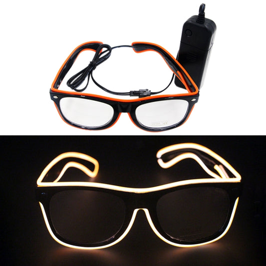 LED glow sunglasses with orange glowing frame outline and black power adapter