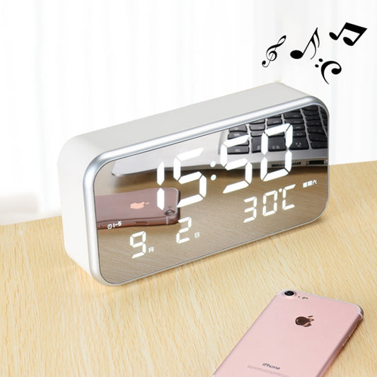 White LED digital alarm clock with large time and temperature digits on screen