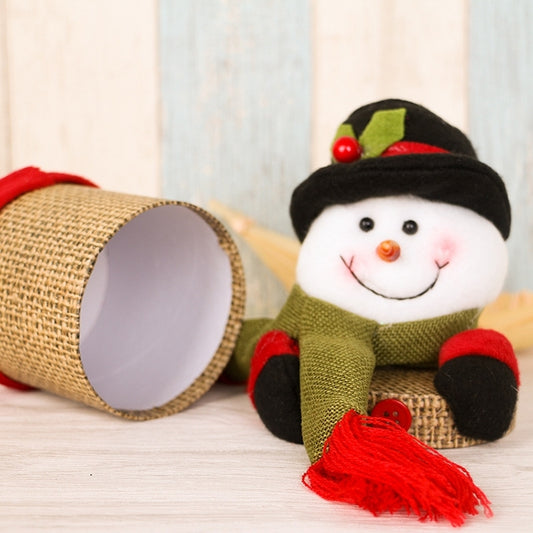 Linen snowman candy jar gift box with green coat, black hat, red scarf tassel