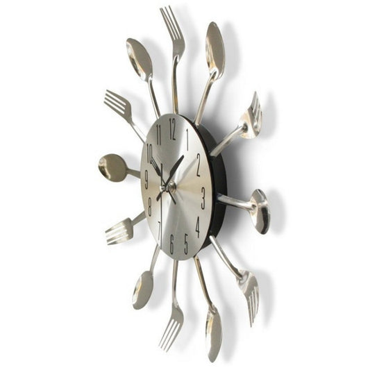 Utensil-themed wall clock with dark center dial and silver utensil arms