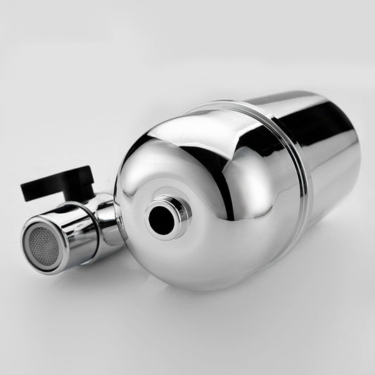 Chrome water filter faucet with rounded filter housing and side outlet port