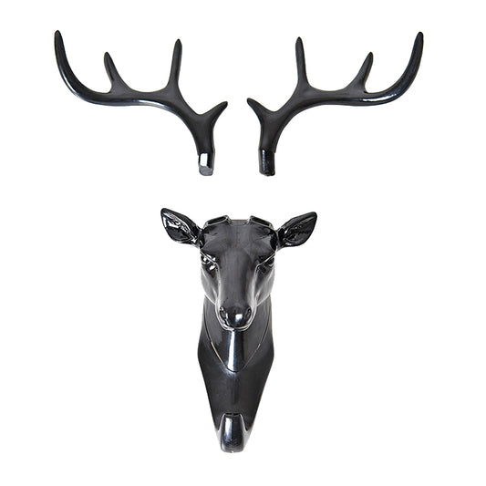 Black deer-head wall coat hook with antler prongs and central hanging tip
