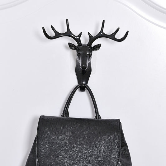 Black deer-head wall coat hook with antlers for hanging coats, bags, or keys
