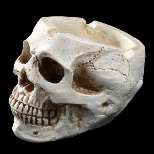 Off-white resin skull ashtray with side view, dark eye sockets and teeth