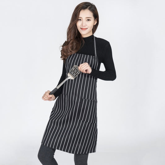 Black-and-white striped chef apron with neck strap and waist tie, front pocket