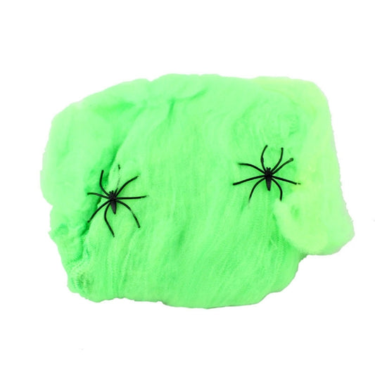 Neon green spider web yarn prop with a black spider decoration