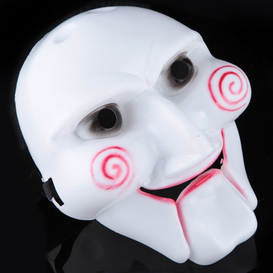 Side view white plastic skull Halloween mask with red swirl cheeks and black eye holes