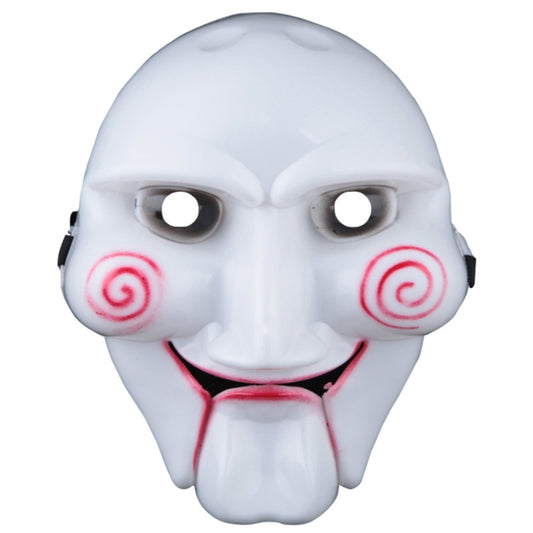 White plastic Halloween skull face mask with red spiral cheeks and smiling mouth