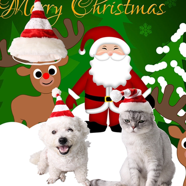Pet Christmas hats on two pets: red-and-white striped cones with white faux-fur trim