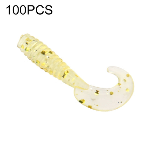 Artificial fishing lure, translucent white worm with yellow gold glitter, curved tail