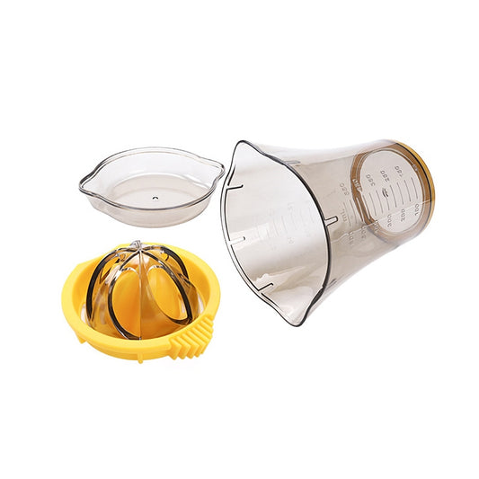 Manual fruit juicer parts: clear cup, yellow base, and stainless-style squeezer cone