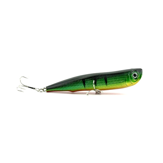 Dark green fishing popper lure with yellow underside and treble hooks