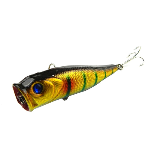 Yellow-green plastic popper lure with treble hooks, 9 cm