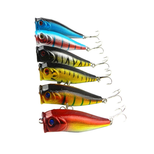 Plastic popper fishing lures with treble hooks, assorted colors, 9 cm