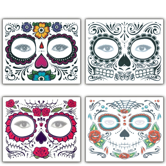 Set of 4 Halloween temporary face tattoo stickers with colorful skull and eye designs