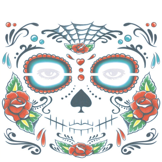 Halloween face tattoo sticker sheet with skull-style eyes, roses, and spiderweb wings