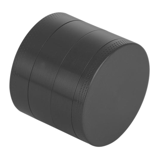 Mini 4-layer zinc alloy herb grinder, black, side view with ridged grip