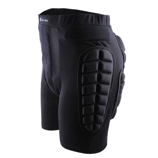 Black protective hip padded shorts with side hip padding and textured mesh panels.