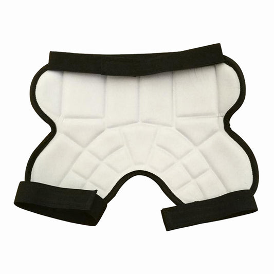White kids padded hip protector shorts with black edging and adjustable leg straps