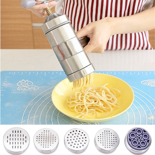 Stainless steel manual noodle maker pressing dough onto strands into a yellow bowl