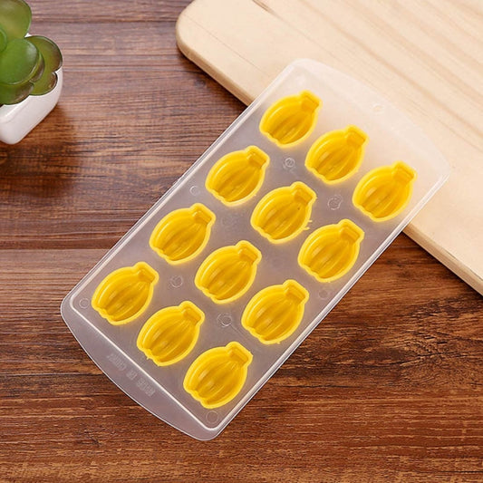 Banana-shaped silicone ice cube tray with yellow banana molds
