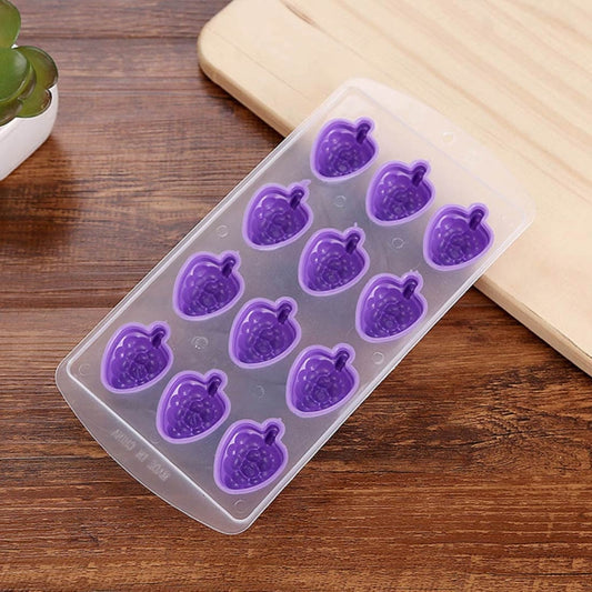 Purple grape-shaped silicone ice cube tray mold set in clear case