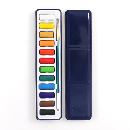 Portable watercolor solid paint set with 12 color pans and included brush case