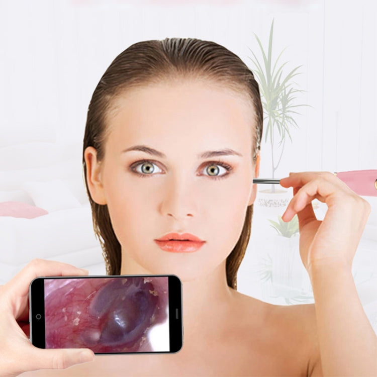 Pink ear endoscope tool held near a woman’s ear with phone showing live view