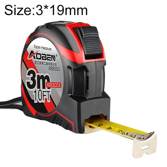 Retractable tape measure with yellow tape extended and metal end hook, red and black case