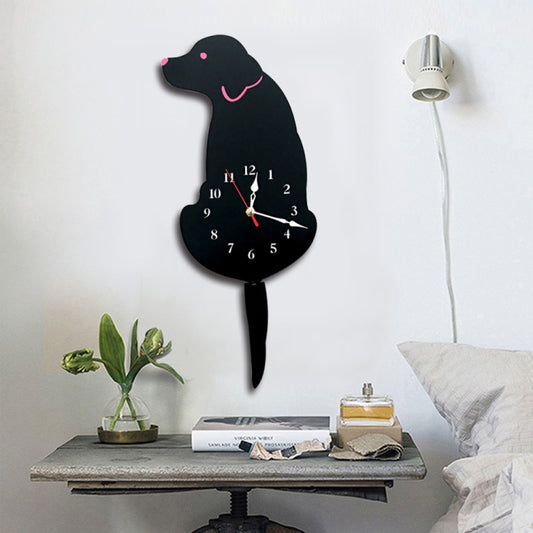 Black dog wall clock with pink accents, white numerals and red hands
